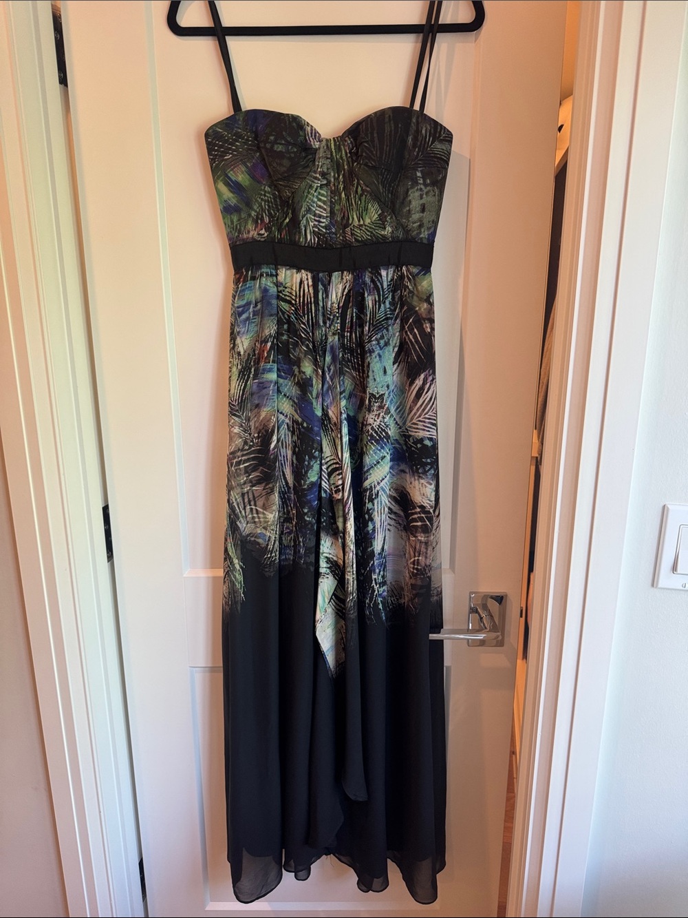 BCBGMaxAzria Black Strapless Maxi Dress with Green and Blue Print